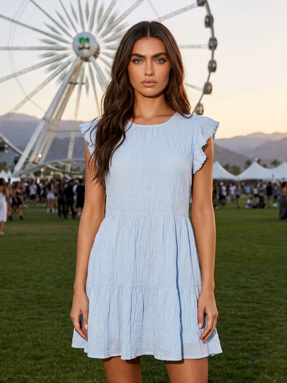 Aritzia Wilfred Blue Crinkle Babydoll Dress Sidonie Ruffle Boho Size Small